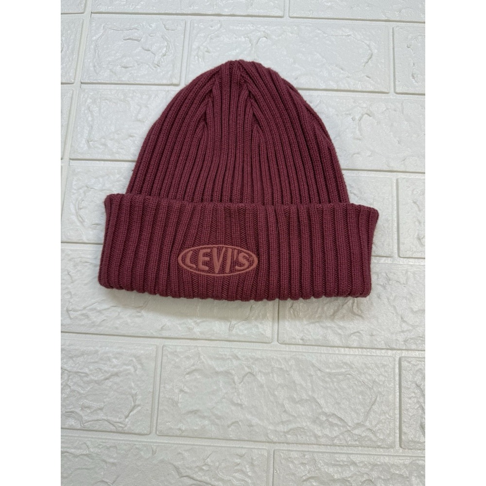 Levi's Beanie Hat Ribbed Knit Cuffed Dark Pink Embroidered Logo. OSFA
